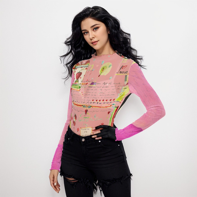 Strawberry sketch long sleeve mesh top