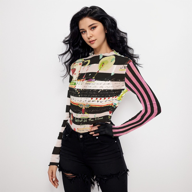 Stripey strawberry long sleeve mesh top