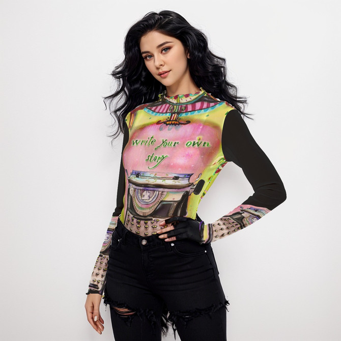 Write your own story long sleeve mesh top