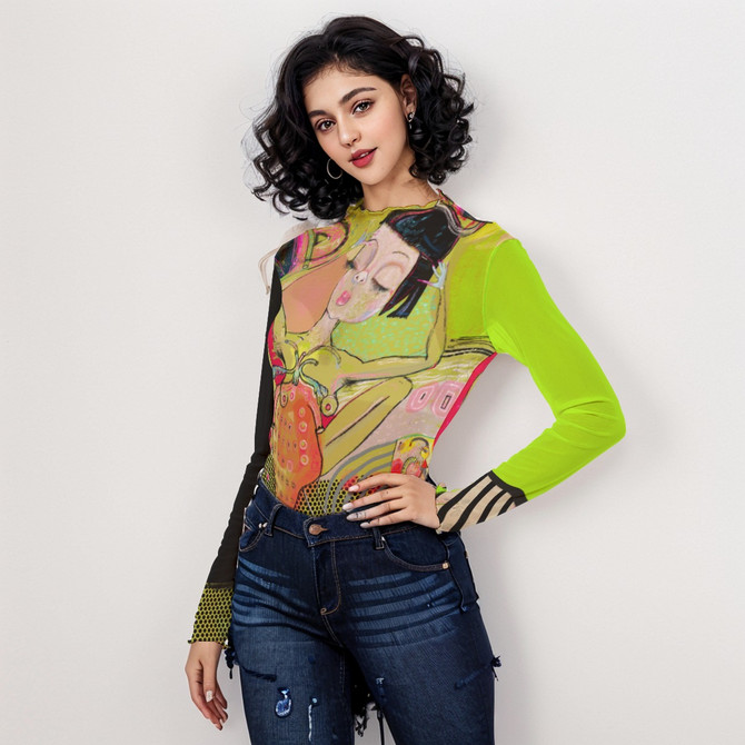 Heart on her sleeve long sleeve mesh top