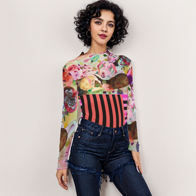 Garden of eden long sleeve mesh top