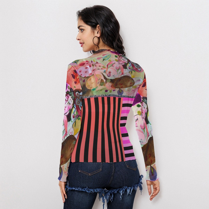 Garden of eden long sleeve mesh top
