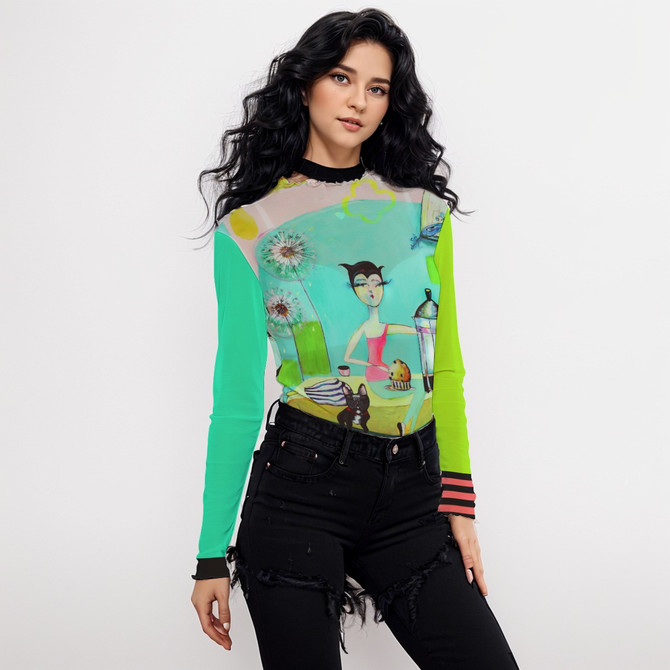 French bulldog coffee long sleeve mesh top