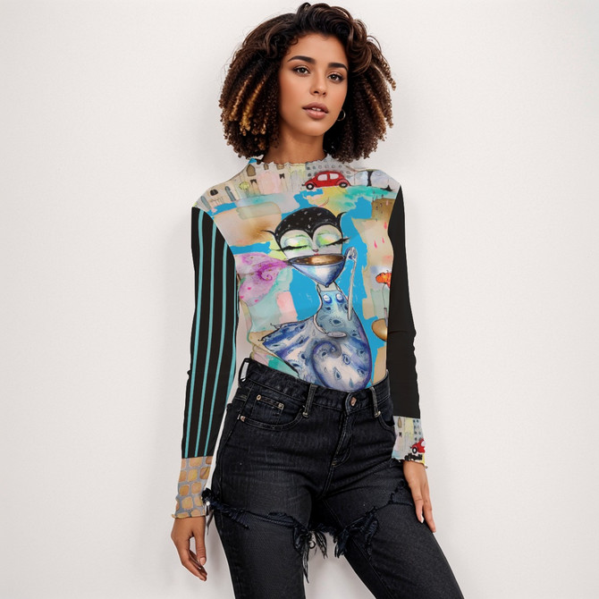 City Coffee Blue Long Sleeve Mesh Top