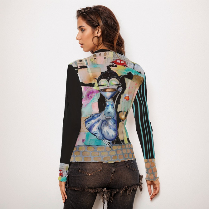 City Coffee Blue Long Sleeve Mesh Top