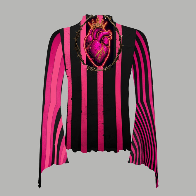 Pink stripe bell sleeve mesh top