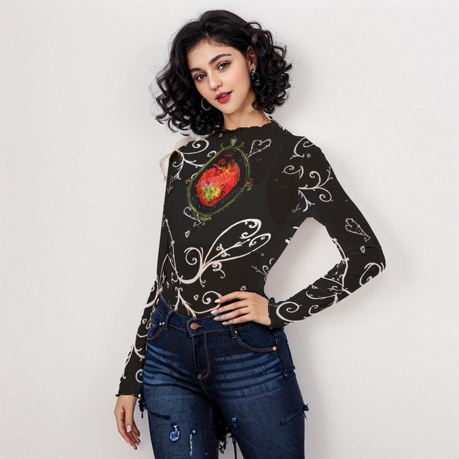 Black white pinky sacred heart long sleeve mesh top