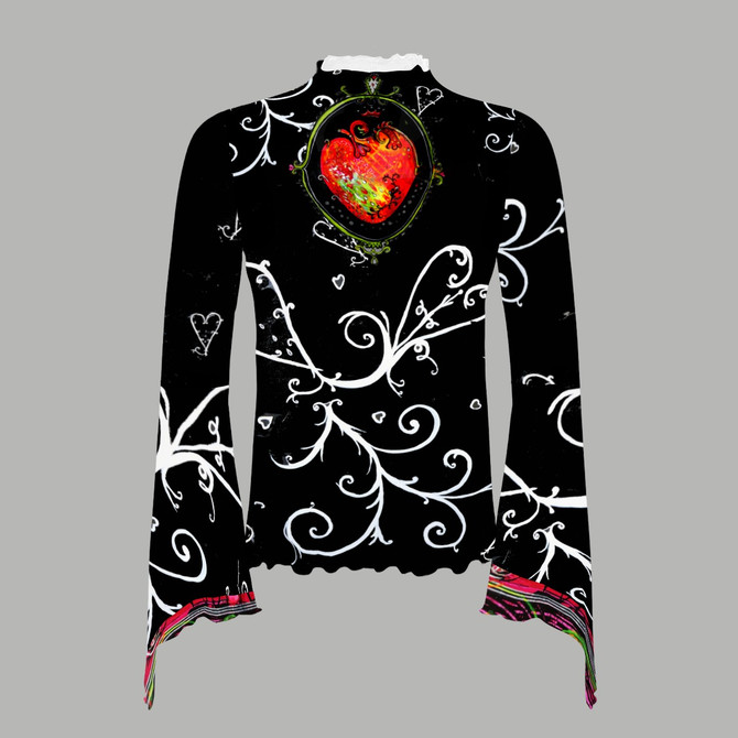 Black white sacred heart bell sleeve mesh top