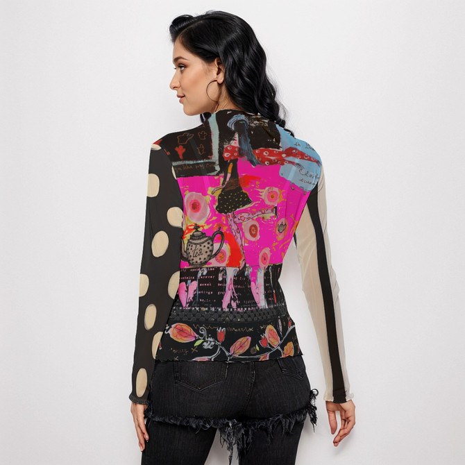 Red scarf long sleeve mesh top