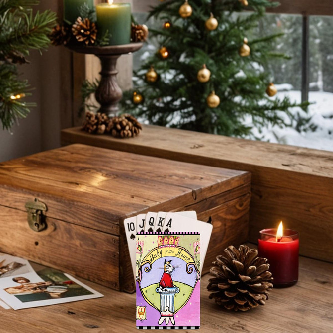 Baby of the house playing cards in metal box