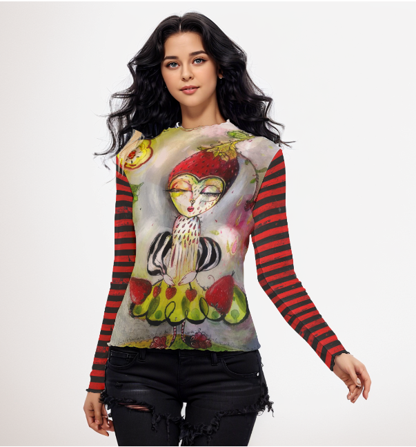 Strawberry picking long sleeve mesh top