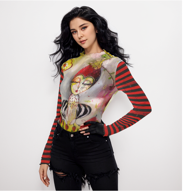 Strawberry picking long sleeve mesh top