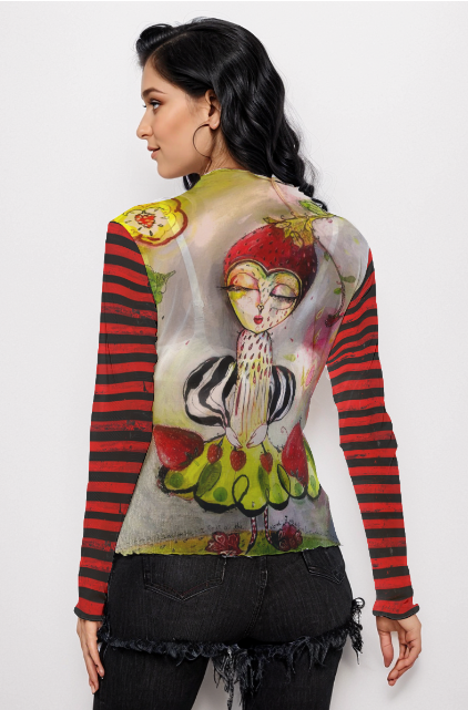 Strawberry picking long sleeve mesh top