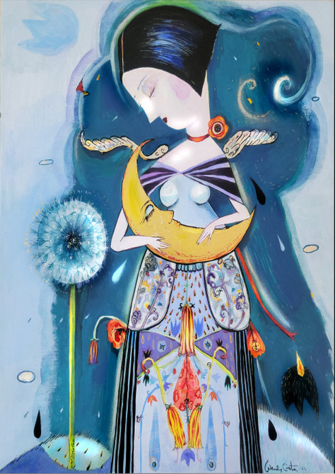 Girl holding the moon blank card