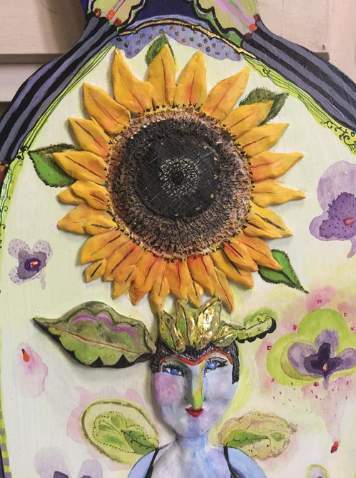 SOLD Sunflower Queen with bluebird original painting