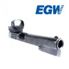 A side profile of the EGW Red Dot Sight Mount installed on the Browning Hi-Power, showcasing the machined steel dovetail and 6061 aluminum top mount. This view emphasizes the mount's low-profile, secure fitment and sleek design. The image also highlights the precision craftsmanship, with both components clearly visible and designed to offer solid mounting for red dot sights like the Vortex Viper/Venom, Burris FastFire, and Docter. The dovetail is machined with exacting tolerances for a snug, secure installation, while the top mount provides a sturdy base for optics.
