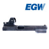 A side profile of the EGW Red Dot Sight Mount installed on the Browning Hi-Power, showcasing the machined steel dovetail and 6061 aluminum top mount. This view emphasizes the mount's low-profile, secure fitment and sleek design. The image also highlights the precision craftsmanship, with both components clearly visible and designed to offer solid mounting for red dot sights like the Vortex Viper/Venom, Burris FastFire, and Docter. The dovetail is machined with exacting tolerances for a snug, secure installation, while the top mount provides a sturdy base for optics.