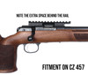 Fitment illustration showing that when installed on a CZ 457, the EGW HD 40 MOA rail does not extend the full length of the receiver.