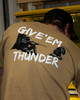 Rear view of a person wearing the EGW Give'Em Thunder Turkey graphic T-shirt, showcasing the full back design.