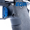 Close-up of the right side of a Springfield Prodigy frame highlighting the blue EGW magazine catch button.