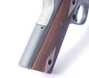 EGW 1911 flat mainspring housing installed in frame rear three quarter view showing checkered backstrap and right side profile blued carbon steel housing for single stack 1911 Government and Commander frames made in USA