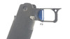 Right side view of the Red Dirt ST F3 Stepped Face Blue Trigger installed in a Springfield Prodigy grip module, showing the fit and appearance of the trigger in the frame.