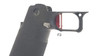 Right side view of the Red Dirt ST F3 Stepped Face Red Trigger installed in a Springfield Prodigy grip module, showing the fit and appearance of the trigger in the frame.