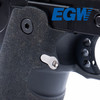 Right side view of the Springfield Prodigy with the EGW stainless steel mag catch installed, showing how the catch is contoured to match the frame for a clean and precise fit.