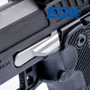 EGW Double Stack .45 ACP .200" Pin Slide Stop installed in a double-stack 1911-style pistol. Close-up view shows the fit, positioning, and oversized paddle for easier engagement.