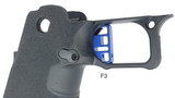 Right side view of the Red Dirt ST F3 Flat Face Trigger in Blue for the Springfield Prodigy and Alpha Foxtrot Romulus, showing the trigger shoe and trigger bow.