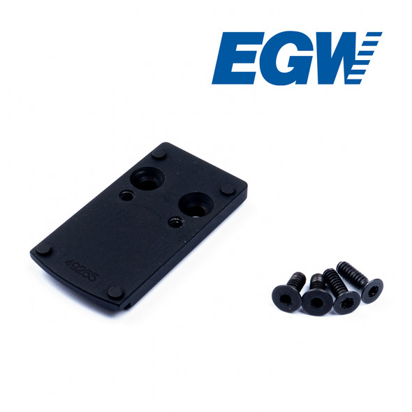 Top angled 3/4 view of the Red Dot Adapter Plate designed for Smith & Wesson M&P .22 Magnum and 5.7 models. The mount features precision machining and multiple mounting holes, compatible with popular optics such as Vortex Viper, Venom, Burris FastFire, and Docter. The clean design ensures a secure and flush fit on the pistol slide.