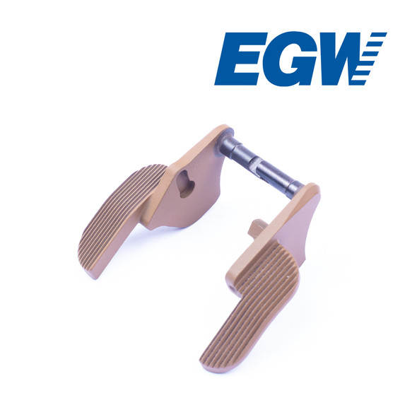 A top-down, high-resolution image displaying all components of the EGW HD 1911 Ambidextrous Thumb Safety laid out for a clear and organized presentation. The precision-machined safeties are finished in a rugged Coyote Tan Cerakote, offering a tactical, non-reflective finish ideal for FDE or two-tone builds. Both left- and right-side paddles are shown, highlighting the ambidextrous design and robust construction. American-made upgrade for serious shooters.