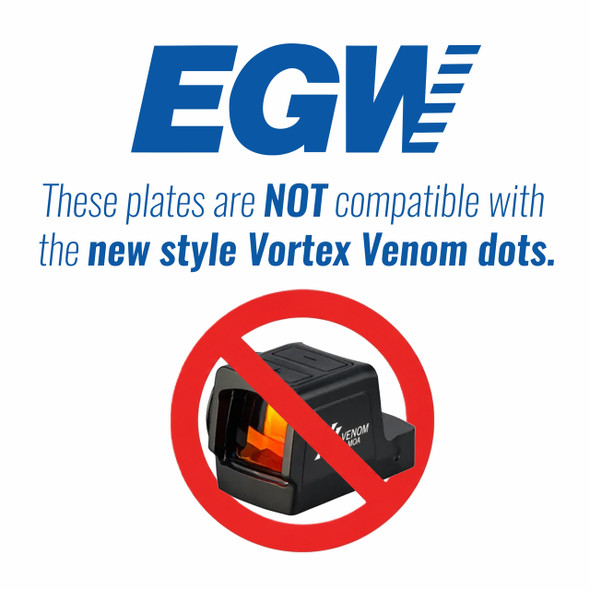 Compatibility notice explaining the change in mounting footprint for the current production Vortex Venom Enclosed red dot sight. The image informs customers that newer Vortex Venom Enclosed optics now use the RMSc footprint, while the original open-emitter Vortex Venom used the Docter (DR) footprint. This reference helps customers identify the correct EGW sight mount and avoid ordering an incompatible optic mounting plate.