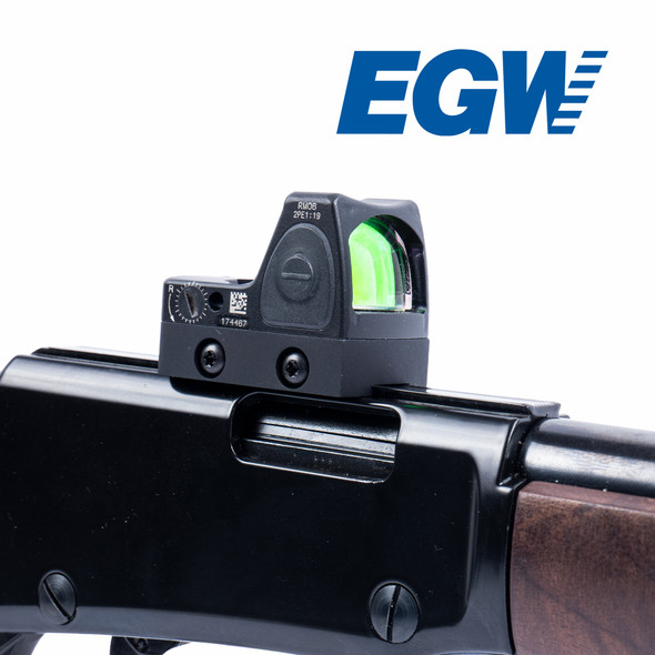 Front 3/4 view of the RMR/SRO and 407C/507C footprint sight mount installed on the Henry H001 3/8" dovetail with a red dot optic mounted.