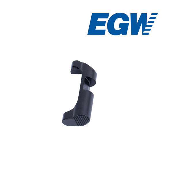 Angled view of the EGW extended magazine catch for CZ P-01, Shadow 2, and Shadow Orange, highlighting the CNC-machined contours and extended button design.