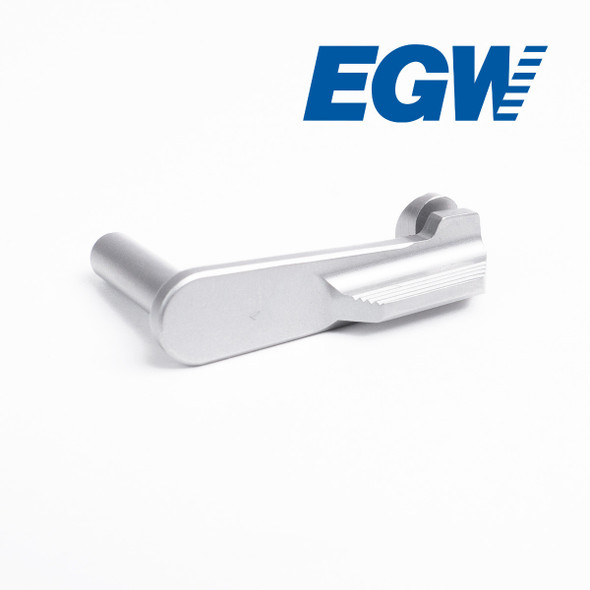 Left three-quarter view of the complete EGW 1911 Ridge Slide Stop for .45 ACP, showing the machined solid slide stop body and blue finish.