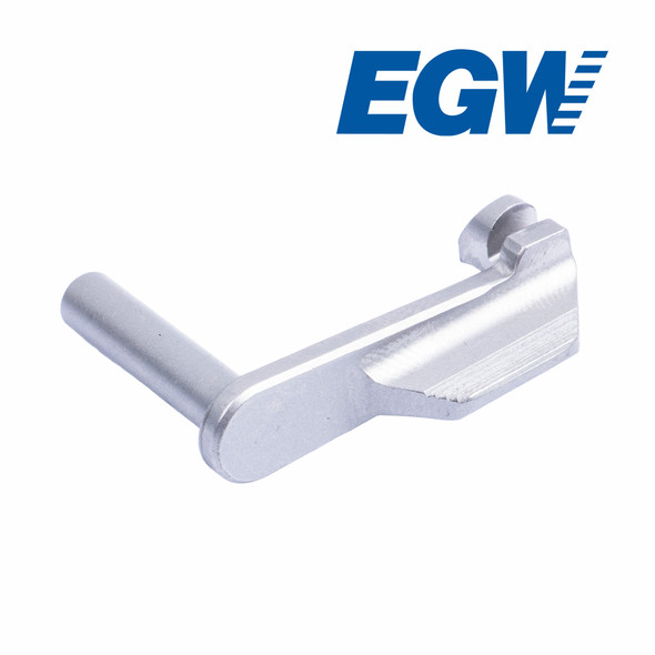 EGW Double Stack .45 ACP Slide Stop with .200" pin in stainless steel finish, shown from the front 3/4 angle. Full view highlights the wide paddle designed for easier slide stop engagement.