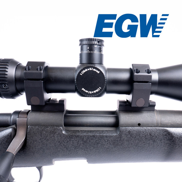 Right-side view of the EGW HD 2-Piece Picatinny Rail 0 MOA mounts installed on a Remington 700/Bergara B14 Long Action receiver with EGW scope rings and a scope.