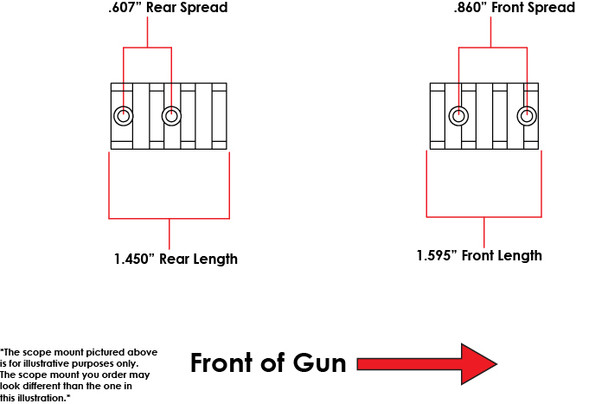 Hole spacing diagram for the EGW HD 2-Piece Picatinny Rail for Remington 700 & Bergara B14 Long Action – 0 MOA, showing mounting hole locations and center-to-center dimensions for the front and rear bases.