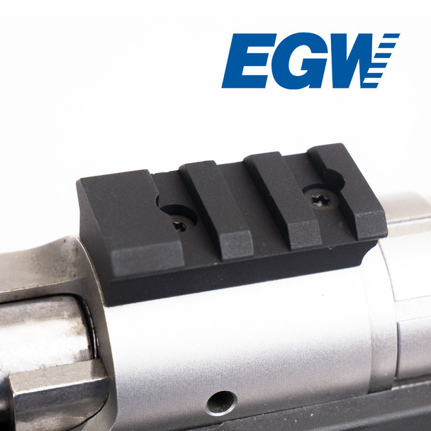 Right-side view of the EGW 2-PC Savage Round Back Long Action Picatinny Rail 0 MOA front mount installed on the front receiver ring.