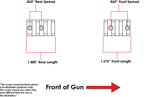 Hole spacing diagram for the EGW 2-PC Savage Round Back Long Action Picatinny Rail 0 MOA, showing mounting hole locations and center-to-center dimensions for the front and rear bases.