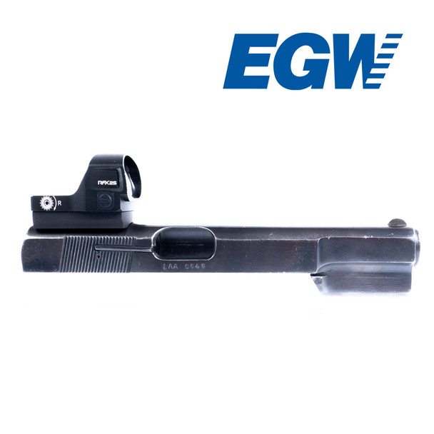 A side profile of the EGW Red Dot Sight Mount installed on the Browning Hi-Power, showcasing the machined steel dovetail and 6061 aluminum top mount. This view emphasizes the mount's low-profile, secure fitment and sleek design. The image also highlights the precision craftsmanship, with both components clearly visible and designed to offer solid mounting for red dot sights like the Vortex Viper/Venom, Burris FastFire, and Docter. The dovetail is machined with exacting tolerances for a snug, secure installation, while the top mount provides a sturdy base for optics.