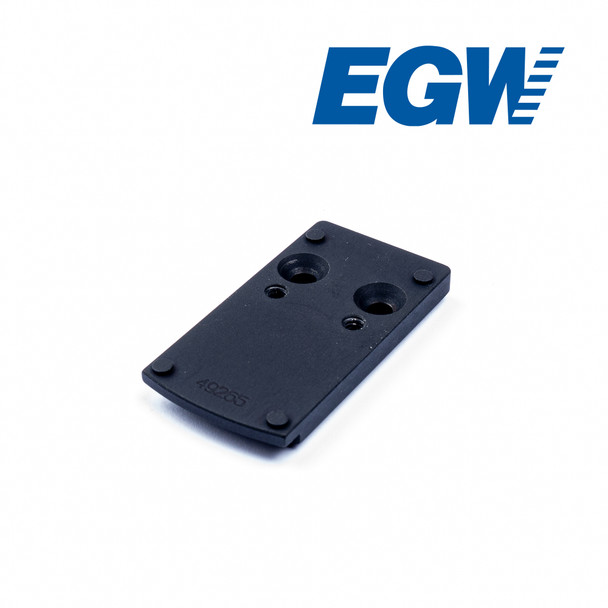 Top angled 3/4 view of the Red Dot Adapter Plate designed for Smith & Wesson M&P .22 Magnum and 5.7 models. The mount features precision machining and multiple mounting holes, compatible with popular optics such as Vortex Viper, Venom, Burris FastFire, and Docter. The clean design ensures a secure and flush fit on the pistol slide.