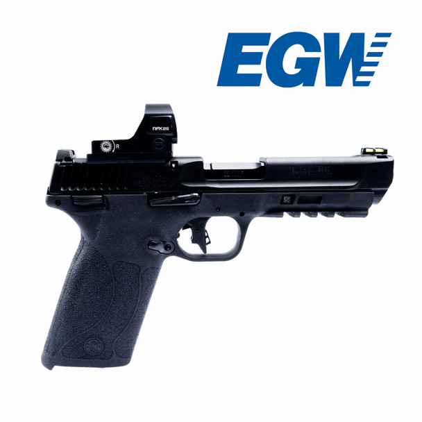 Right-side profile of a Smith & Wesson M&P .22 Magnum/5.7 pistol equipped with a Red Dot Adapter Plate and red dot optic. The mount is securely fastened to the slide, providing a sleek and low-profile fit that enhances the firearm’s sighting capabilities and overall tactical appearance.