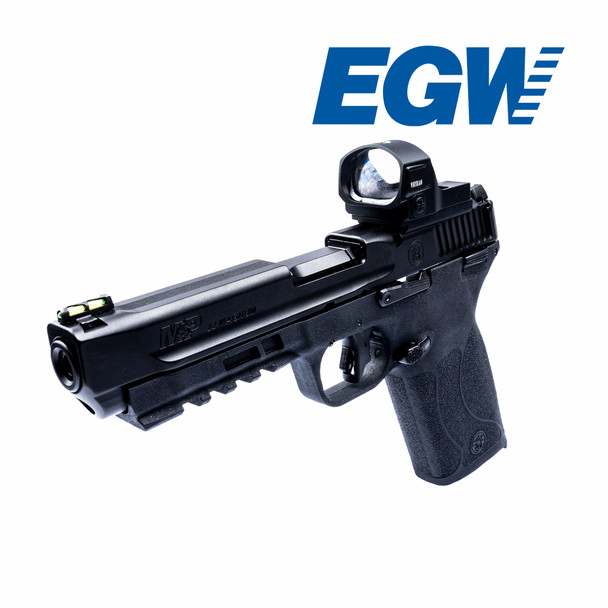 3/4 rear angled view of a Smith & Wesson M&P .22 Magnum/5.7 pistol showing the Red Dot Adapter Plate and attached red dot optic mounted near the back of the slide. The image highlights the secure fitment of the mount and optic, emphasizing the clean integration and tactical upgrade for enhanced aiming.