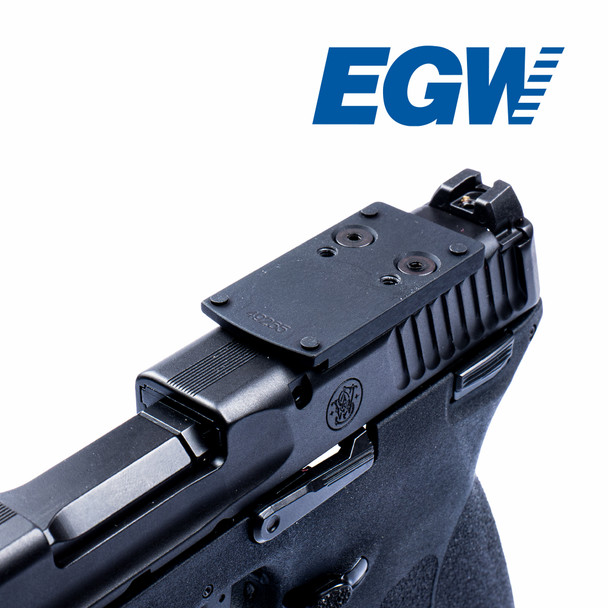 Top-down view of a Smith & Wesson M&P .22 Magnum/5.7 slide featuring the Red Dot Adapter Plate securely mounted. The image showcases the mount’s precise machining, screw hole alignment, and low-profile design for seamless integration with the slide.