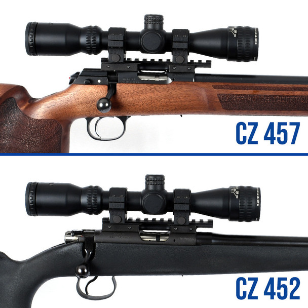 Fitment comparison between CZ 452 and CZ 457 receivers, illustrating the differences in receiver length and rail compatibility.