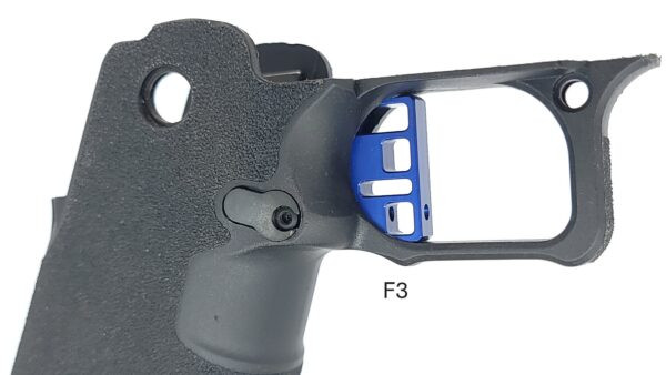 Right side view of the Red Dirt ST F3 Flat Face Trigger in Blue for the Springfield Prodigy and Alpha Foxtrot Romulus, showing the trigger shoe and trigger bow.