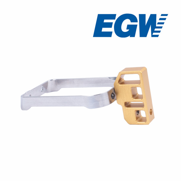 Right front 3/4 view of the Red Dirt ST F3 Flat Face Trigger in Gold for the Springfield Prodigy and Alpha Foxtrot Romulus, showing the trigger shoe and trigger bow.