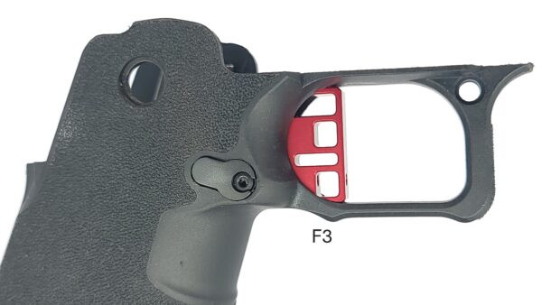 Right side view of the Red Dirt ST F3 Flat Face Trigger in Red for the Springfield Prodigy and Alpha Foxtrot Romulus, showing the trigger shoe and trigger bow.
